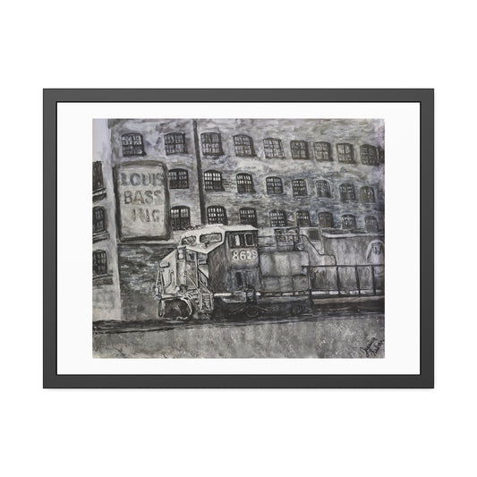 Train in front of warehouse (framed print)