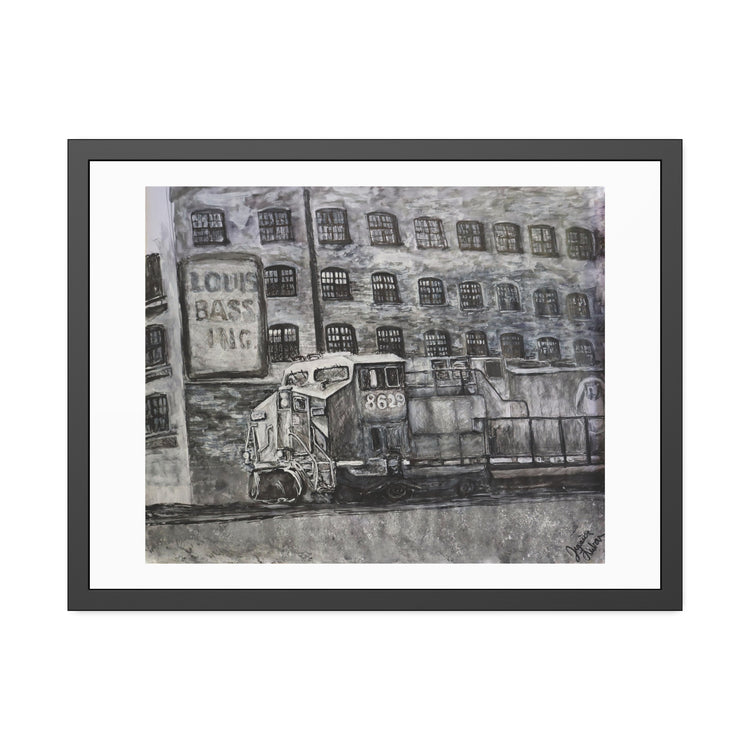 Train in front of warehouse (framed print)