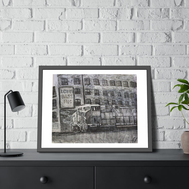 Train in front of warehouse (framed print)