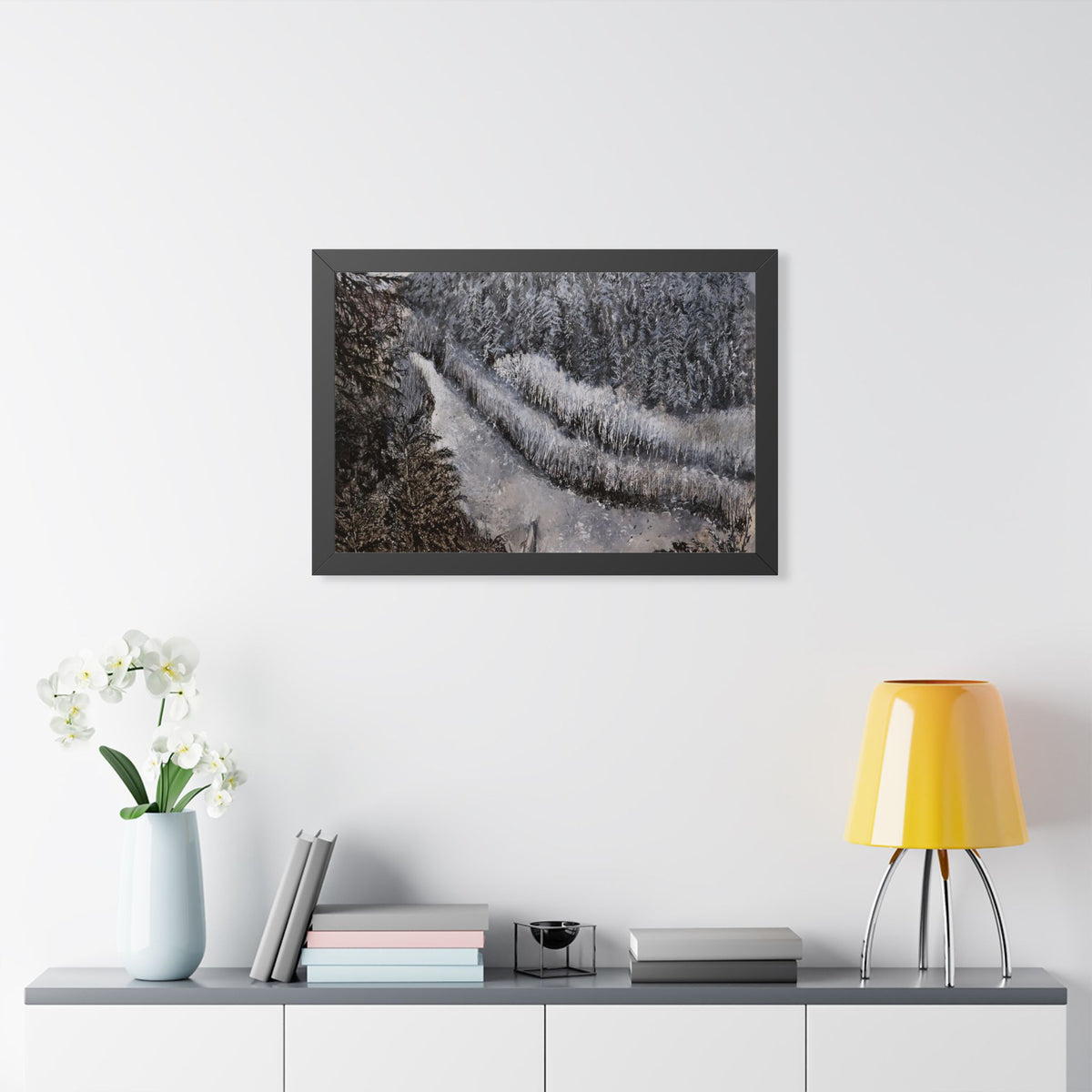 Framed Winter Forest Path Landscape Poster