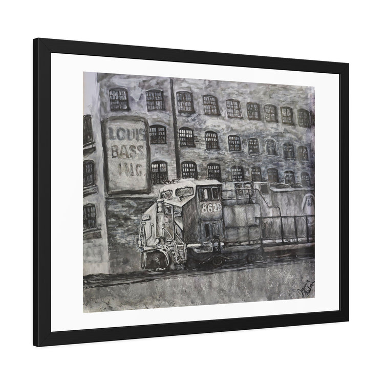 Train in front of warehouse (framed print)