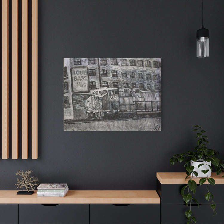 Train in front of warehouse (canvas print)