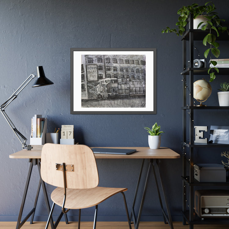 Train in front of warehouse (framed print)